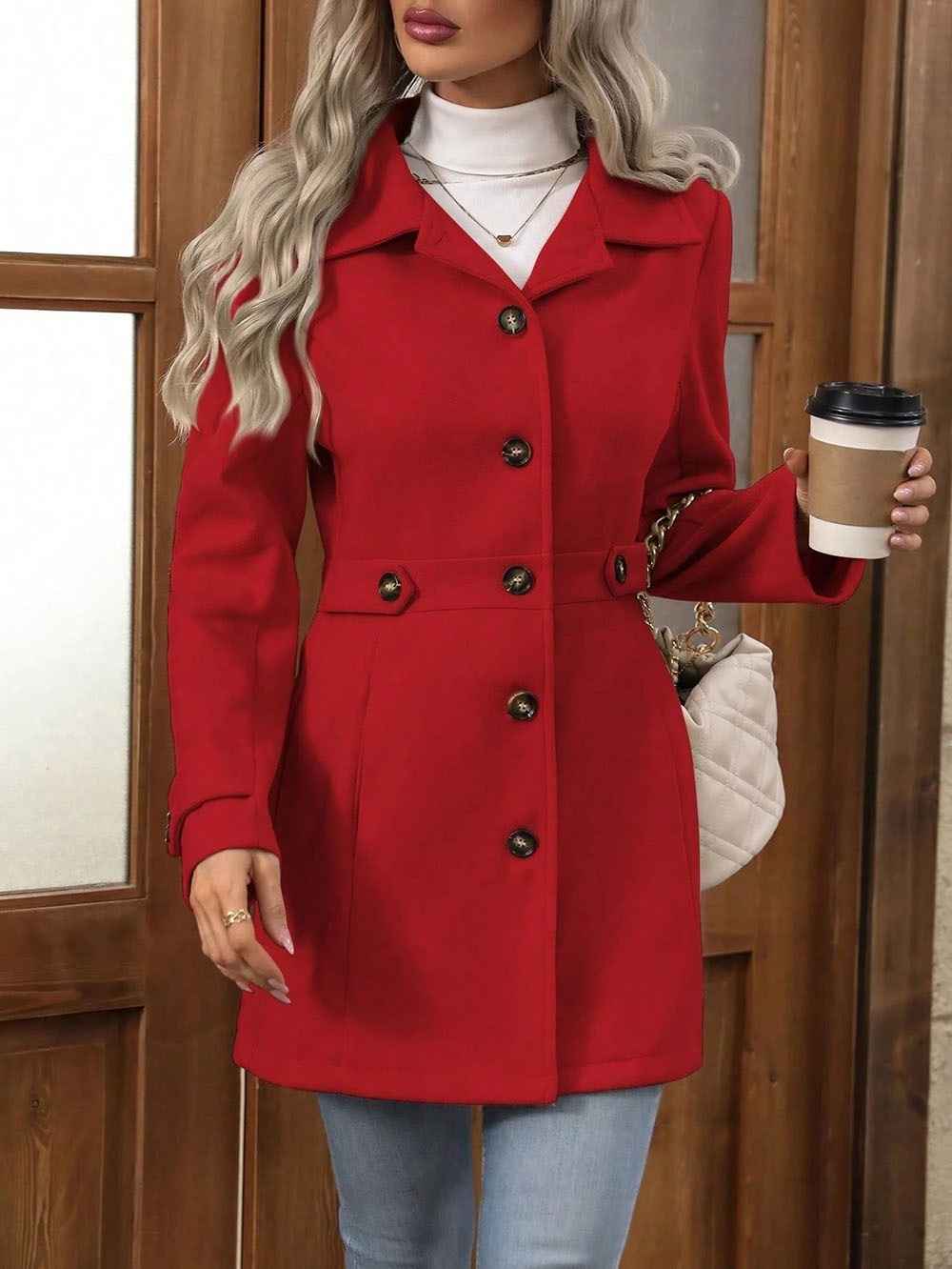 Women's Wool-Blend Lapel Overcoat – Button-Up Elegant Coat