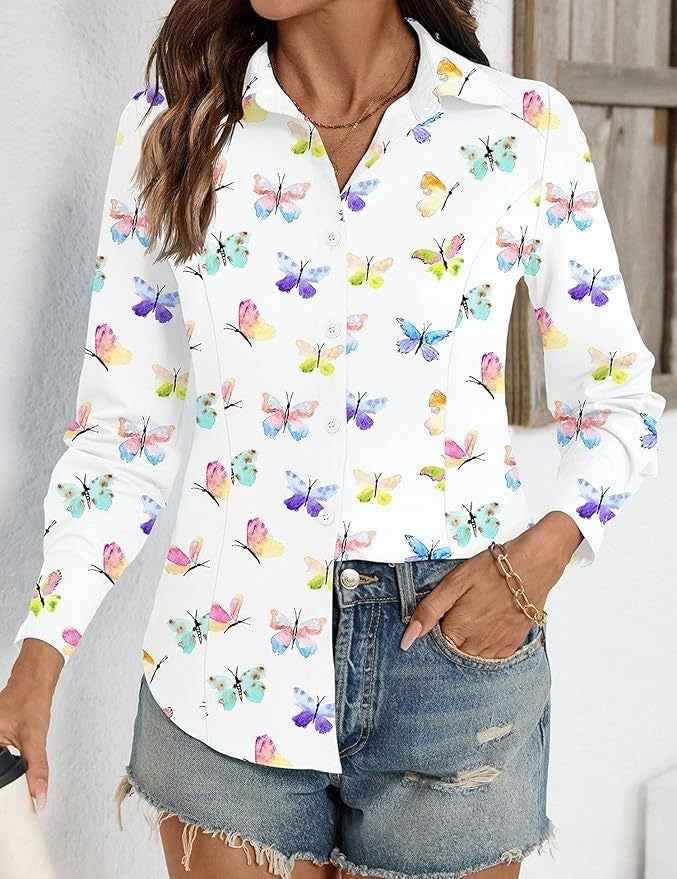 Embossed Print Notched-Collar Long-Sleeve Blouse