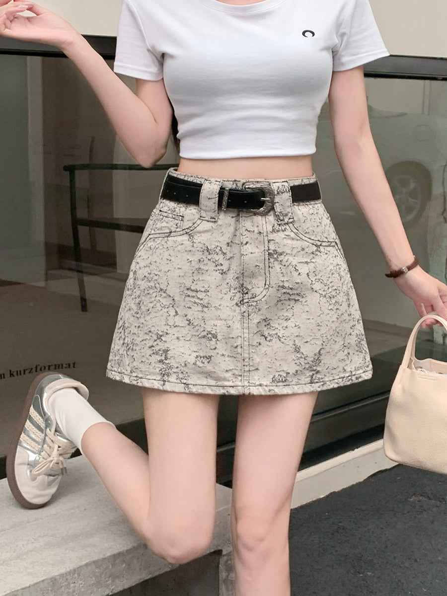 High-Waisted Tie-Dye Denim Skort with Belt – A-Line Mini with Built-in Shorts