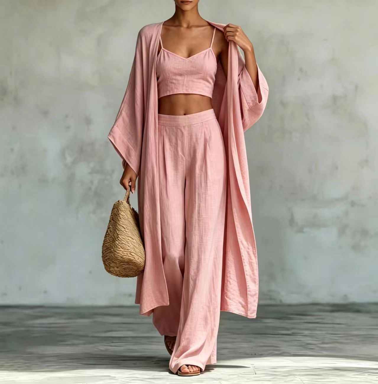 Cardigan Camisole High Waisted Wide Leg Pants Three Piece Set