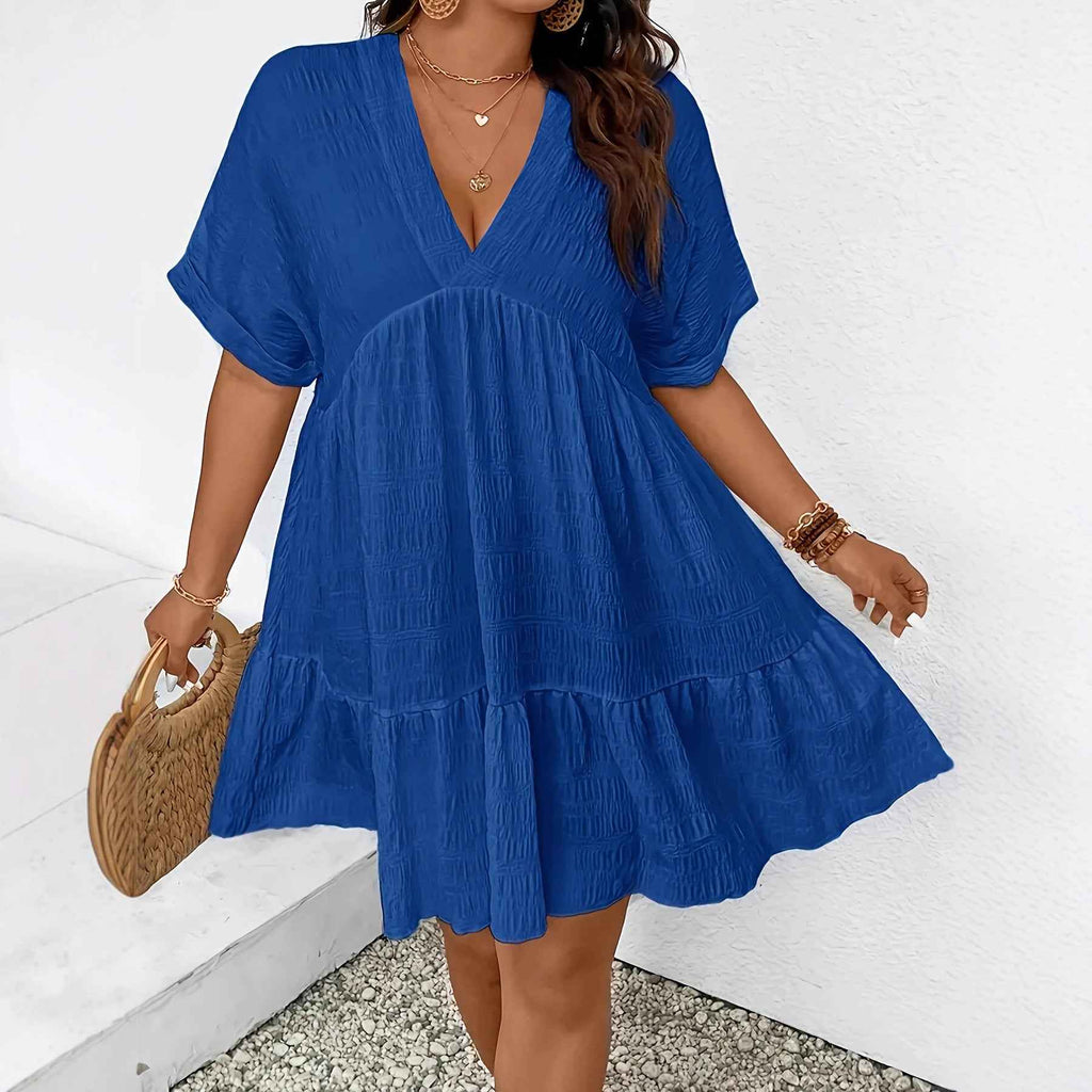 Deep V-Neck Short-Sleeve Loose-Fit Pullover Midi Dress – Plus Size