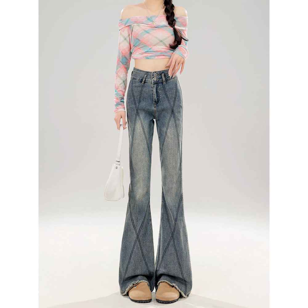 High Waist Bootcut Jeans – Washed Vintage Denim for Women