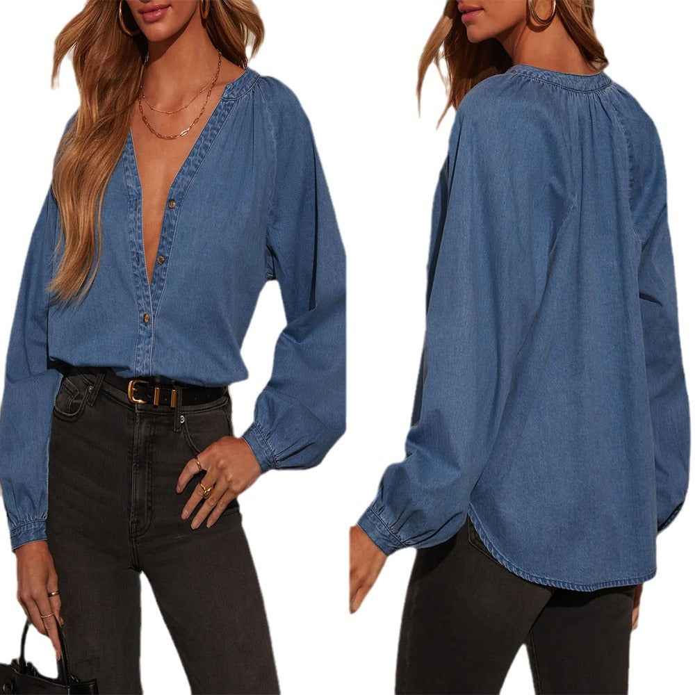 Loose-fit V-neck Washed Denim Long-sleeve Top