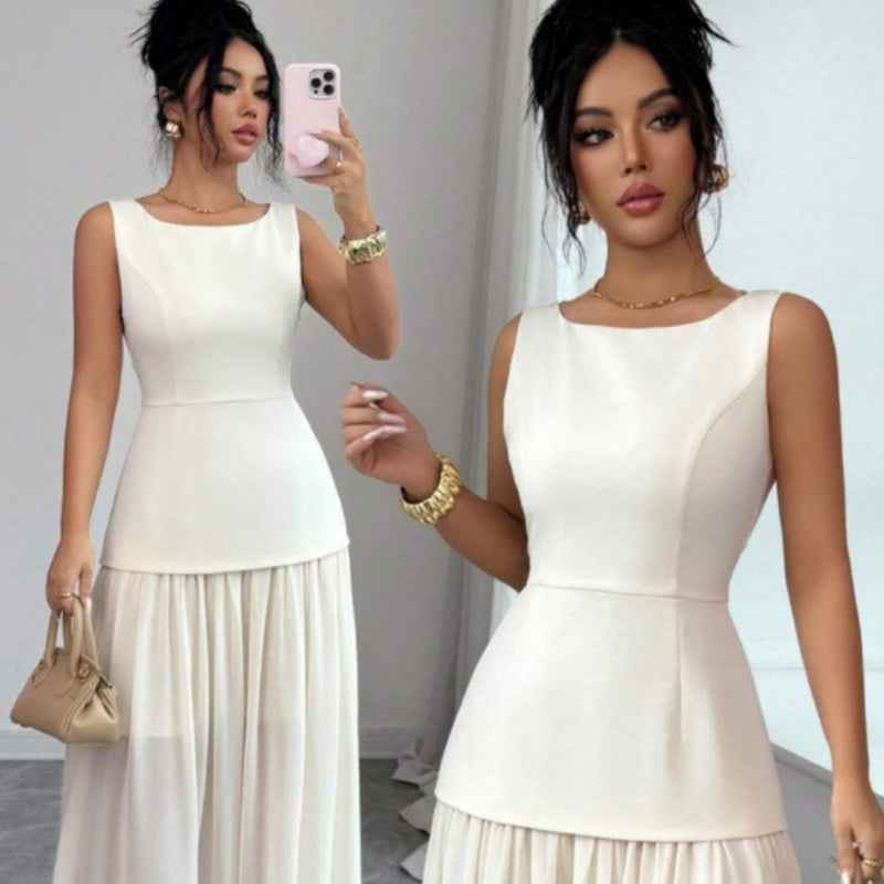 Colour-Block Sleeveless A-Line Midi Dress – High Waist Boat Neck