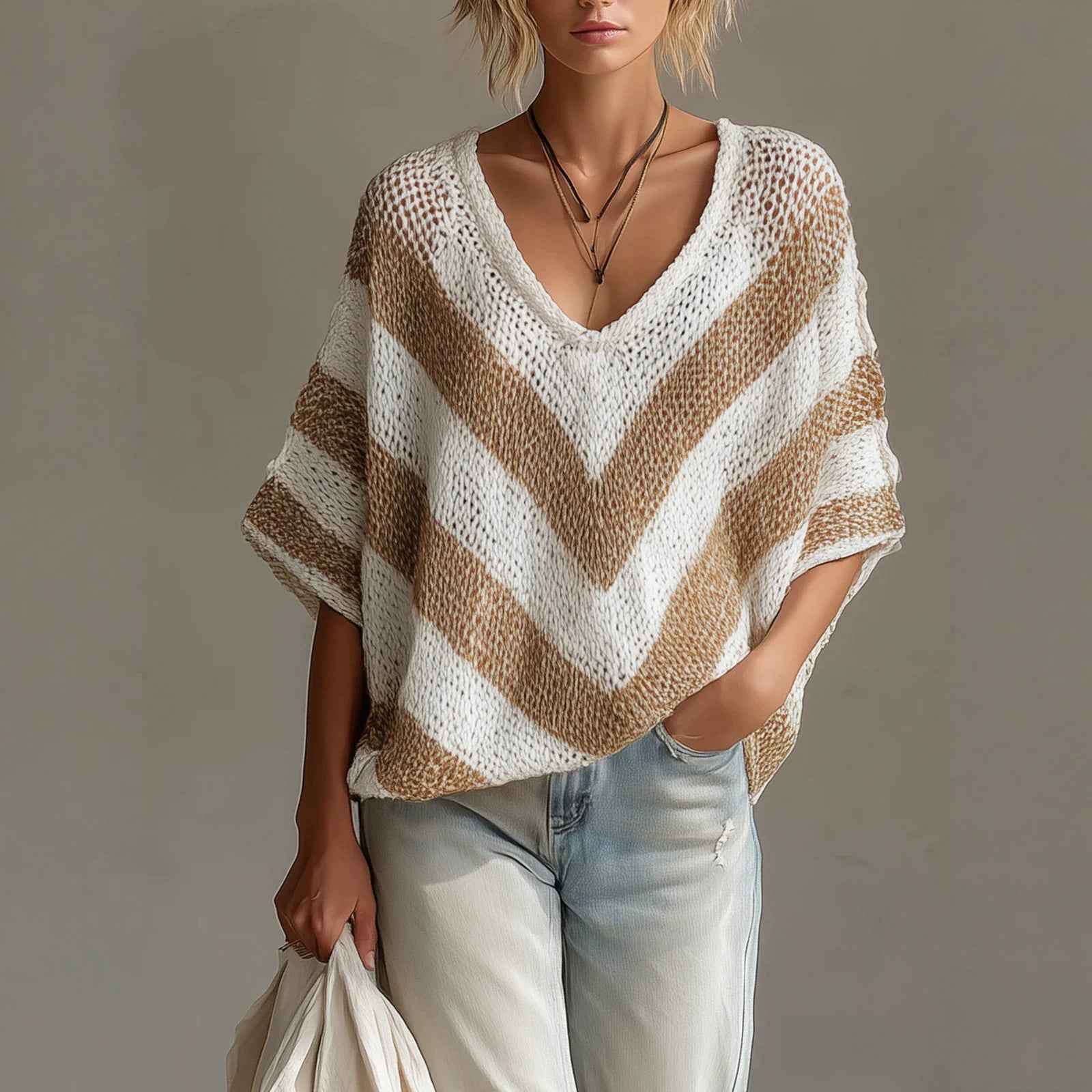 Drop Shoulder Knit Sweater – Loose Fit Three-Quarter Sleeve
