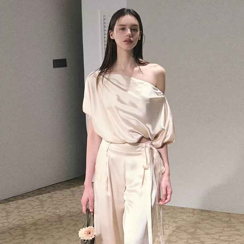 Two-piece Set Off-shoulder Top With Lace Belt And Wide-leg Pants