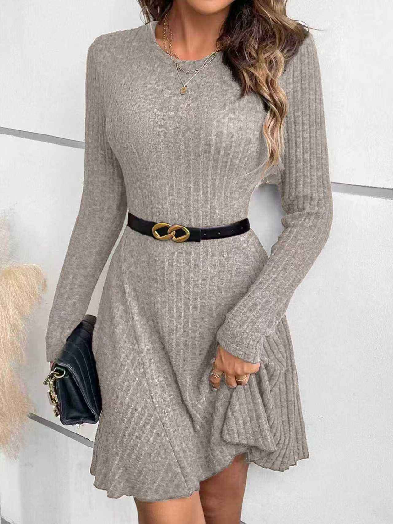 Womens Elegant Solid-color Rib-knit Crew-neck Long-sleeve Dress