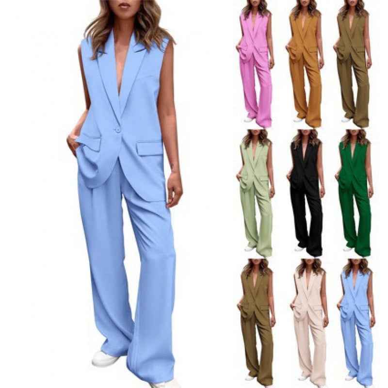 Elegant Sleeveless Button-up Blazer And Relaxed-fit Trousers Set For Women