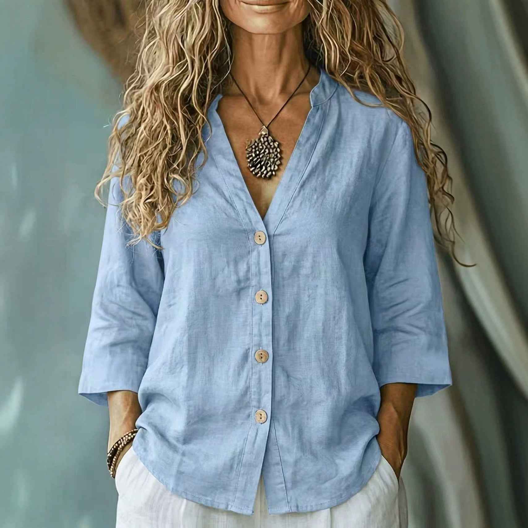 Casual Loose-fit V-neck Button-up Womens Linen Shirt