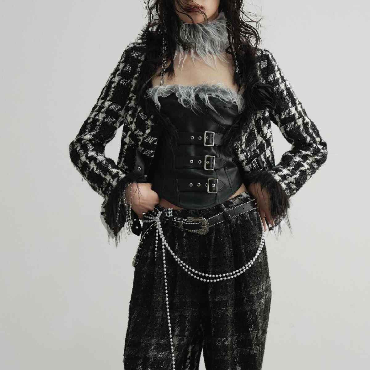 Women's Houndstooth Spliced V-Neck Coat