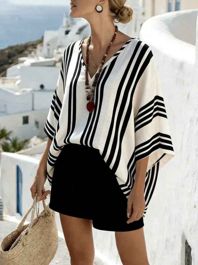 Striped Batwing-Sleeve Loose-Fit Top
