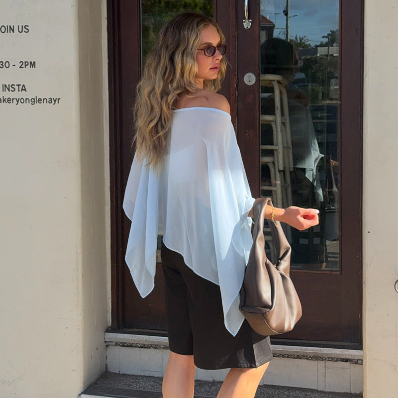 Pearl Chiffon Off-Shoulder Sleeveless Loose-Fit Top