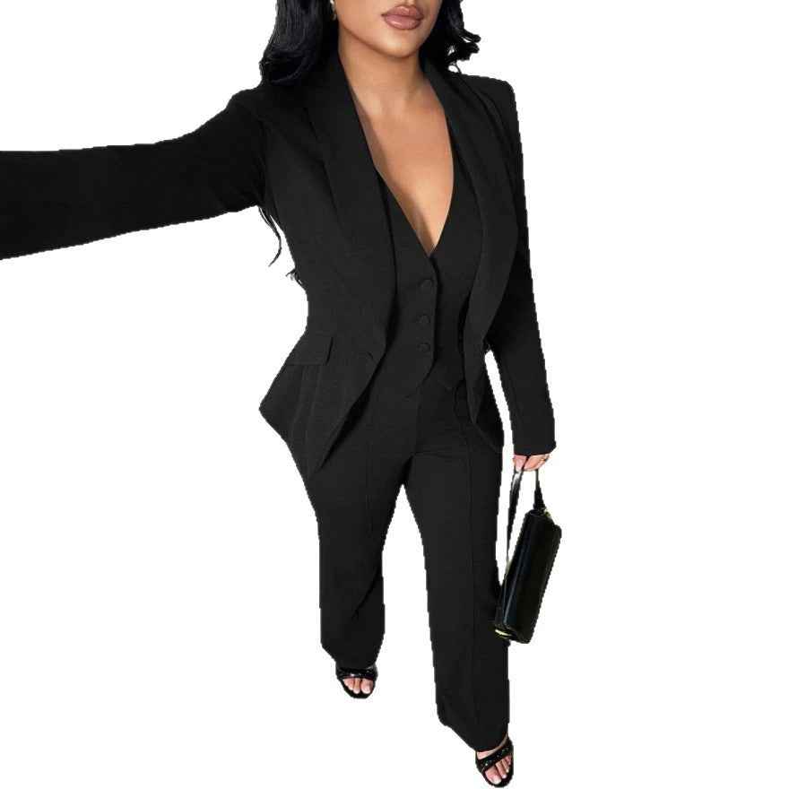 Cropped-Waist Three-Piece Suit Set – Long Sleeve Work Outfit