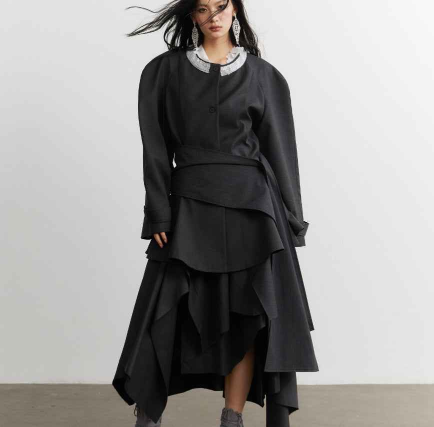 Flounced Hem Tailored Blazer – Belted, Dark Gray