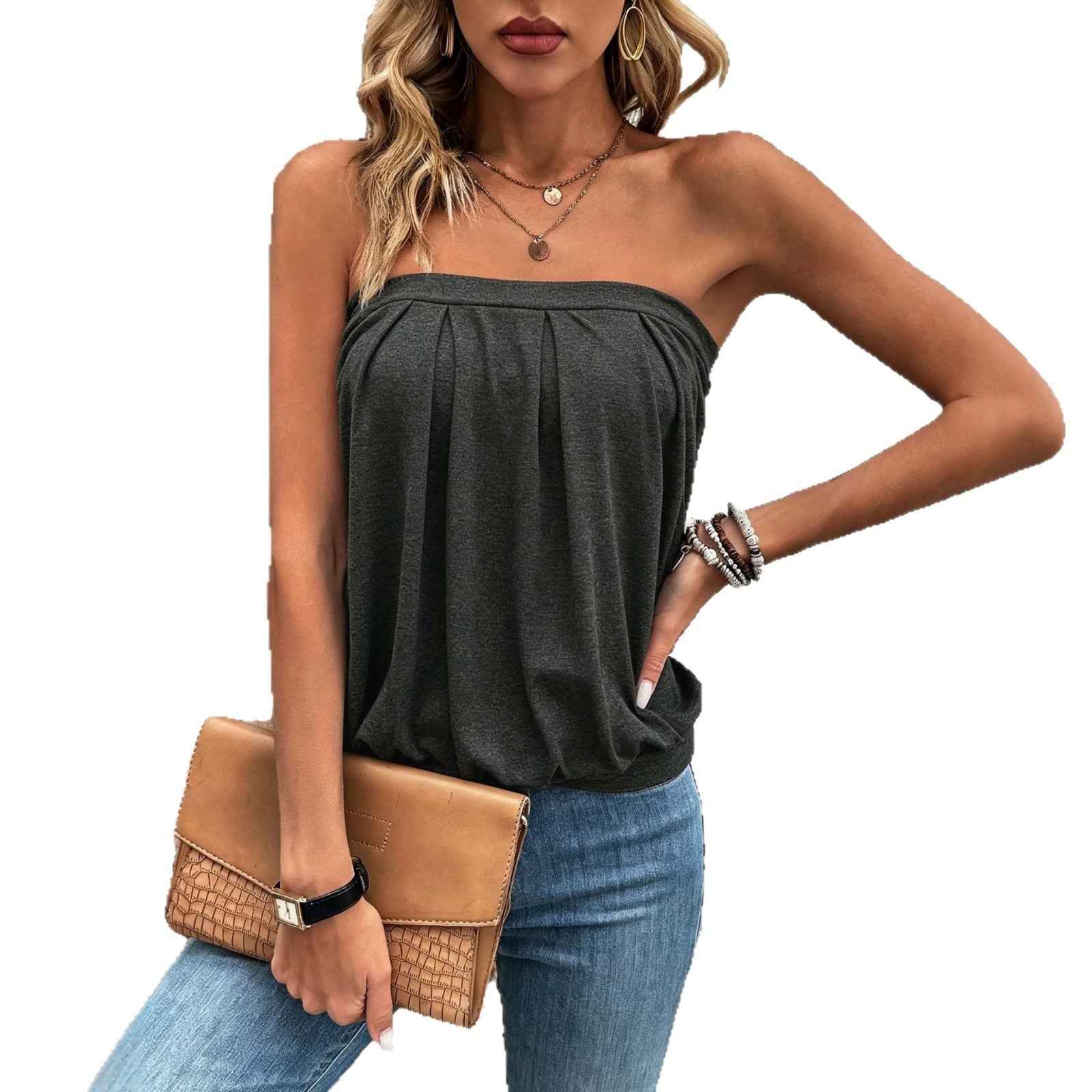 Wrinkled Off-shoulder Loose-fit Versatile Slimming Bandeau With No Straps