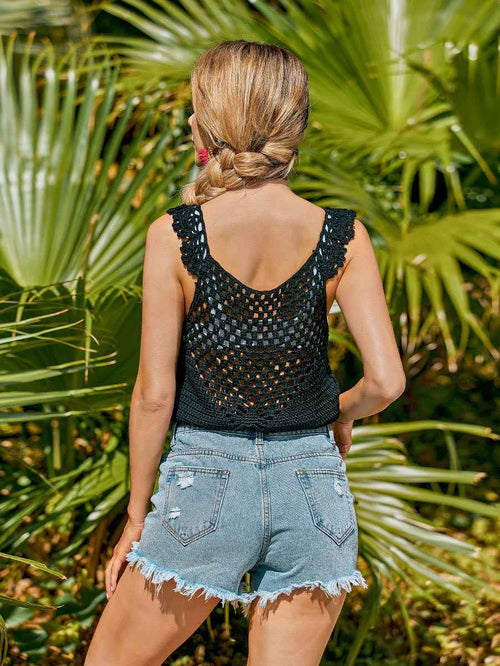 Women Summer Crew Neck Pullover Crochet Tank Top, Hollow Out Drawstring Beach Bikini Cover Up