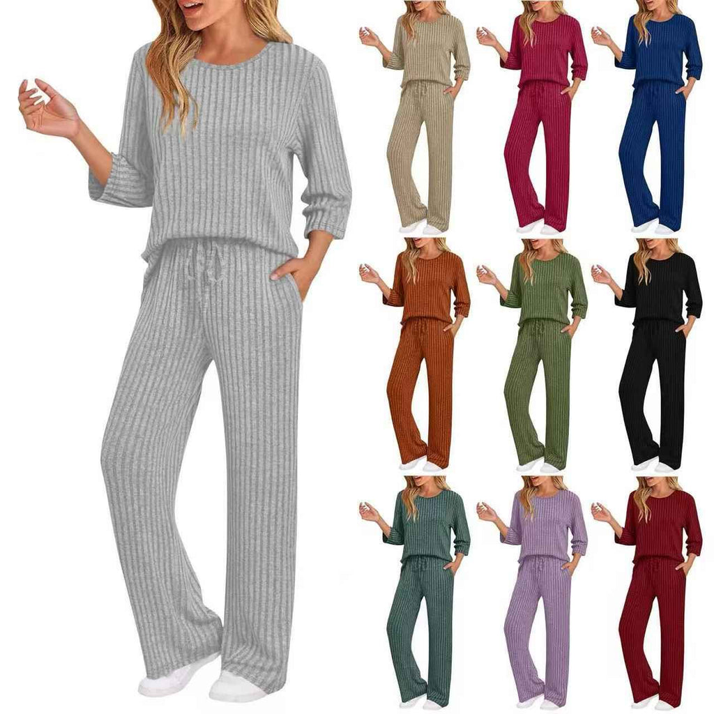 Ribbed Knit Two-Piece Set – Long Sleeve Top & Trousers Co-ord