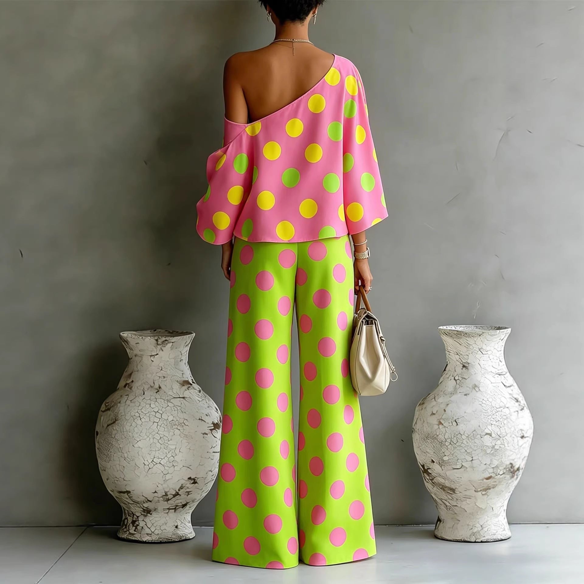 Polka-Dot Print Off-Shoulder Top & Full-Length Pants Set