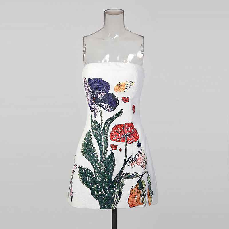 Strapless High-Waist Floral Print Slim-Fit Bodycon Mini Dress