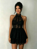 Lace Backless Halter Mini Dress — Black & White