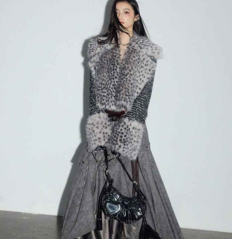 Leopard-Print Faux Fur Short Coat – Detachable Trim, Black