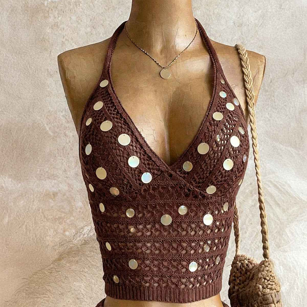 Sequin Halterneck Knit Vest — Brown
