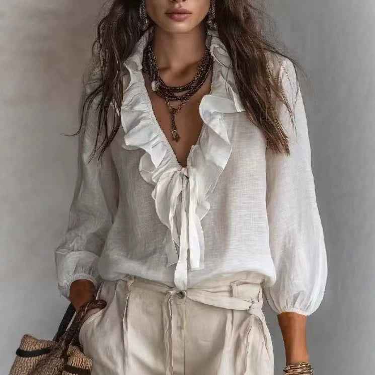 Women's Ruffle-Trim V-Neck Lace-Up Blouse with Flared Sleeves — 3 Colours
