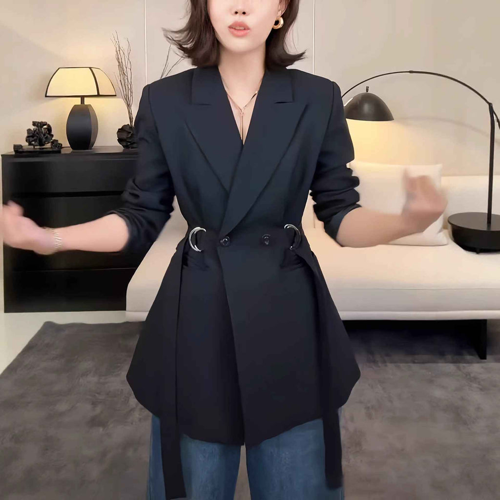 Lace-Up Tie Blazer Coat — Defined Waist, Workwear Elegant