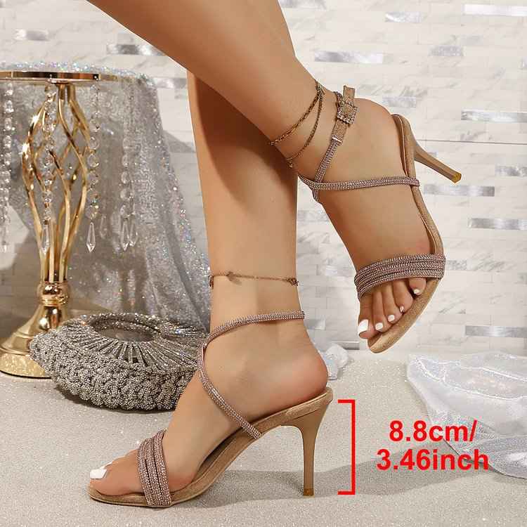 Thin Heeled High Heels With Exposed Toes, Women's Rhinestone Silver Versatile Party Shoes, One Button Strap Women's Sandals