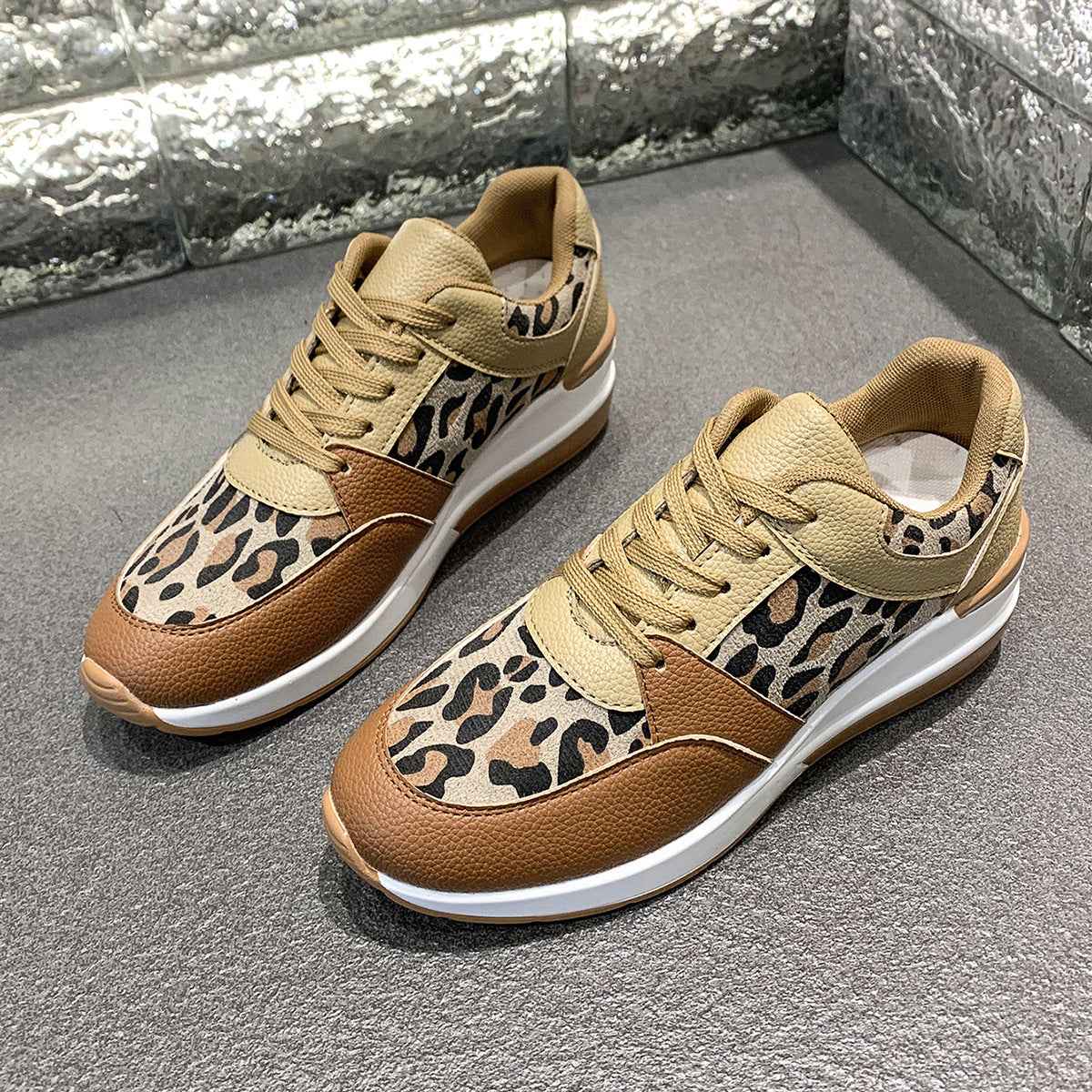 Leopard-Print Chunky Wedge Lace-Up Sneakers