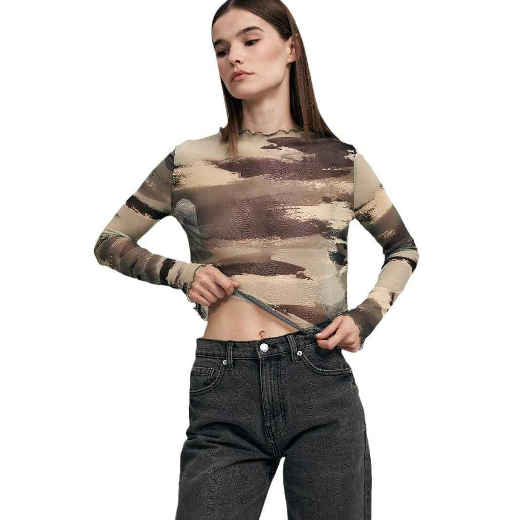 Leopard Print Mesh Long-Sleeve Top – Slim Fit Street Style