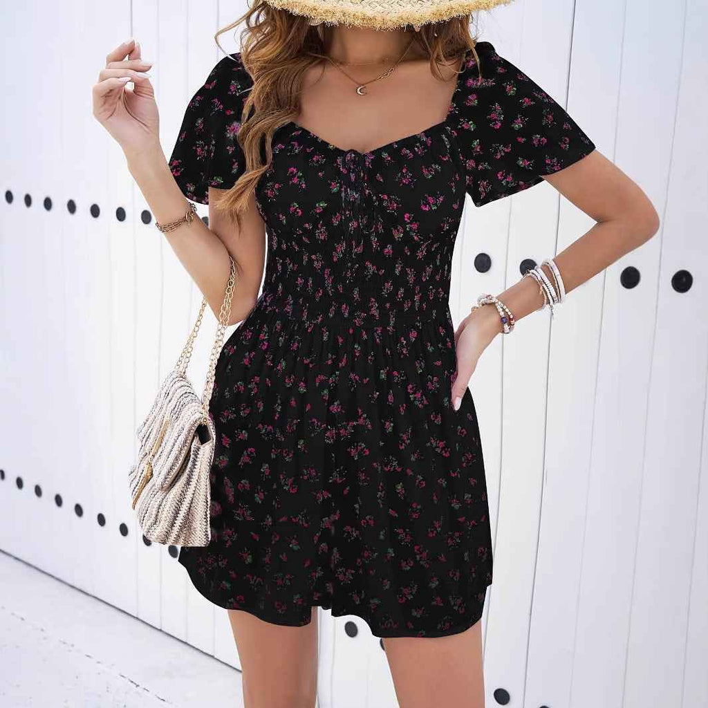 High-Waist Lace-Up Short Dress — Viscose, Elegant Commuter Style