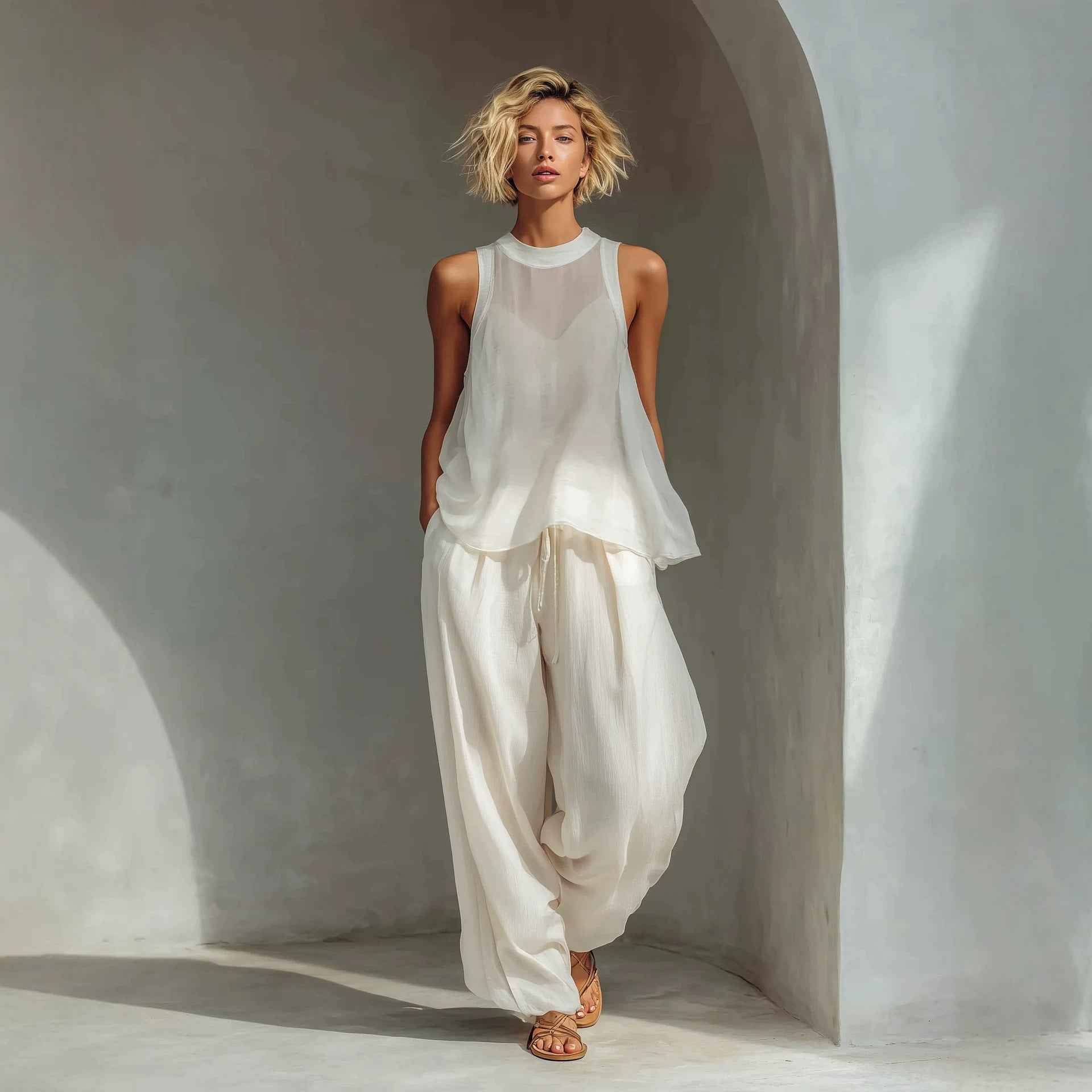 Women's Sheer Chiffon Tank & Wide-Leg Pants Set — 4 Colours, S–3XL
