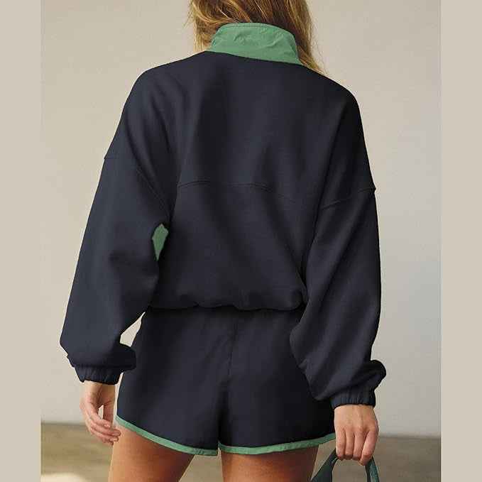 Casual Versatile Stand-collar Loose-fit Color-block Patchwork Long-sleeve Top And Shorts Set