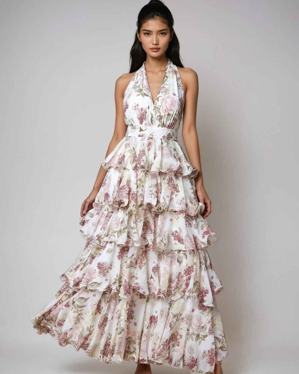 Womens V-neck Strap Multi-layer Printed Dress
