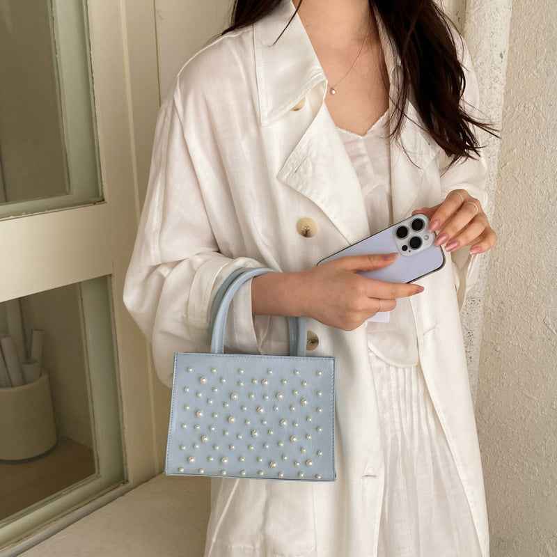 Solid-color Sweet Small Square Handbag With Rivets Single-shoulder Style