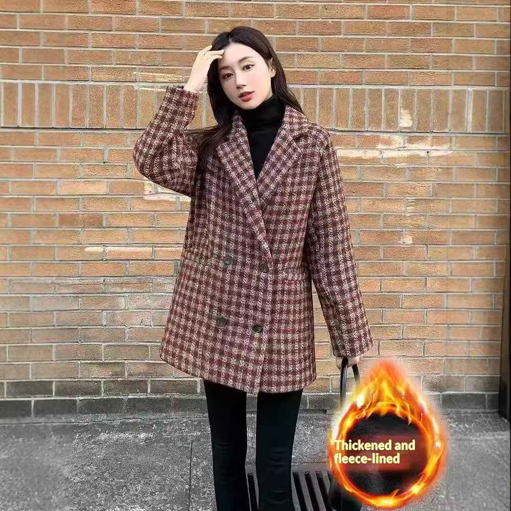Women's Plaid Coat – Elegant Loose Fit with Pockets, S–XXL