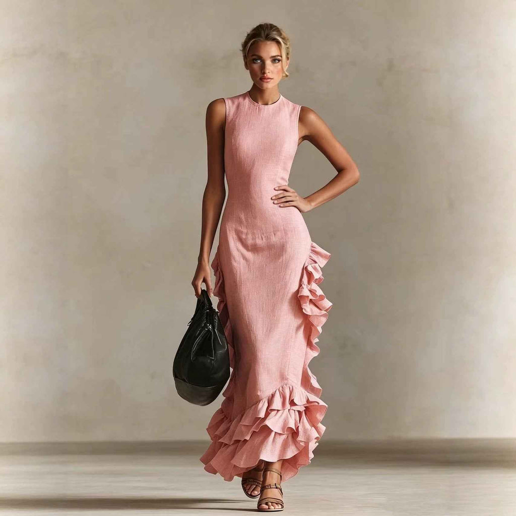 Solid-color Long Dress With A Flounced Hem