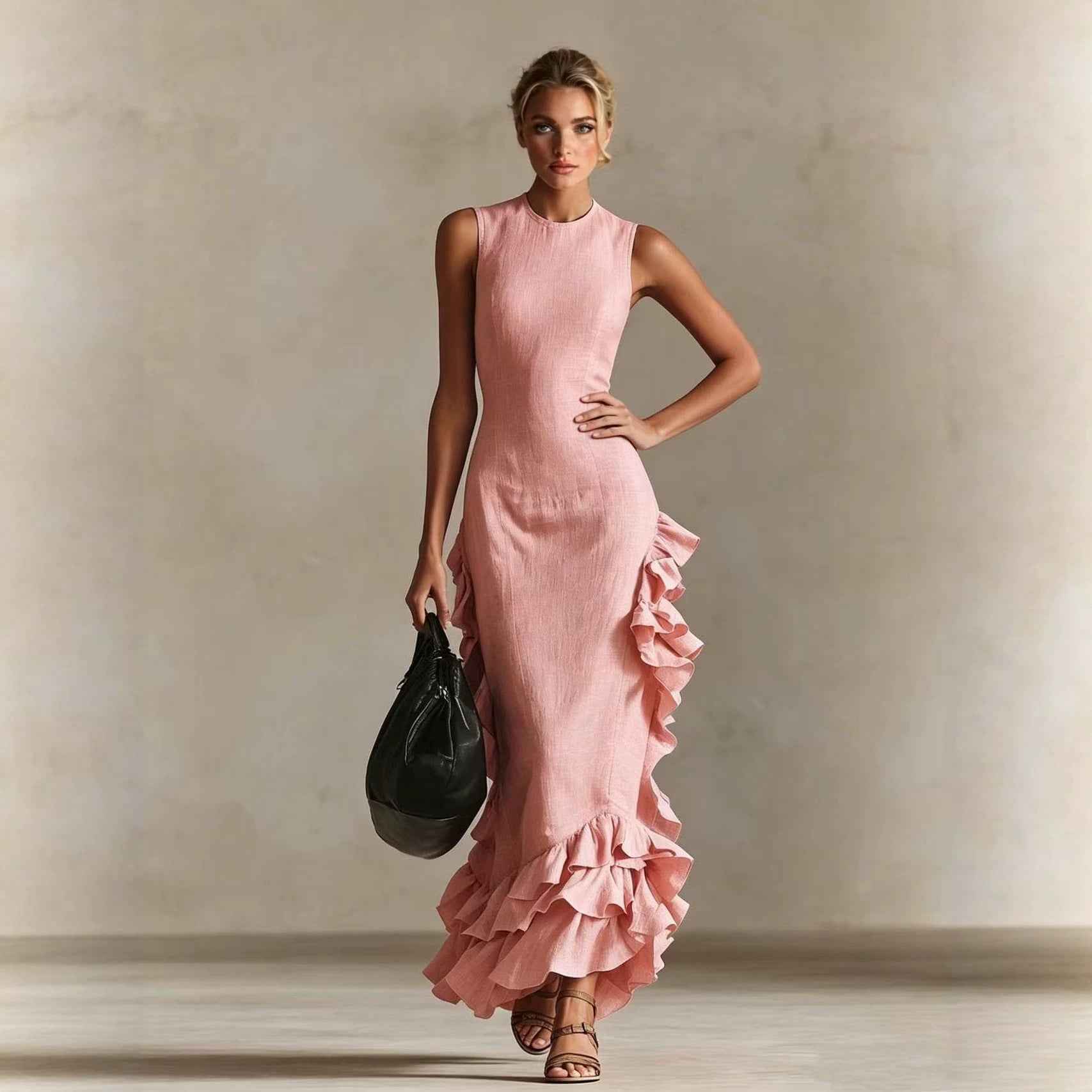 Solid-color Long Dress With A Flounced Hem