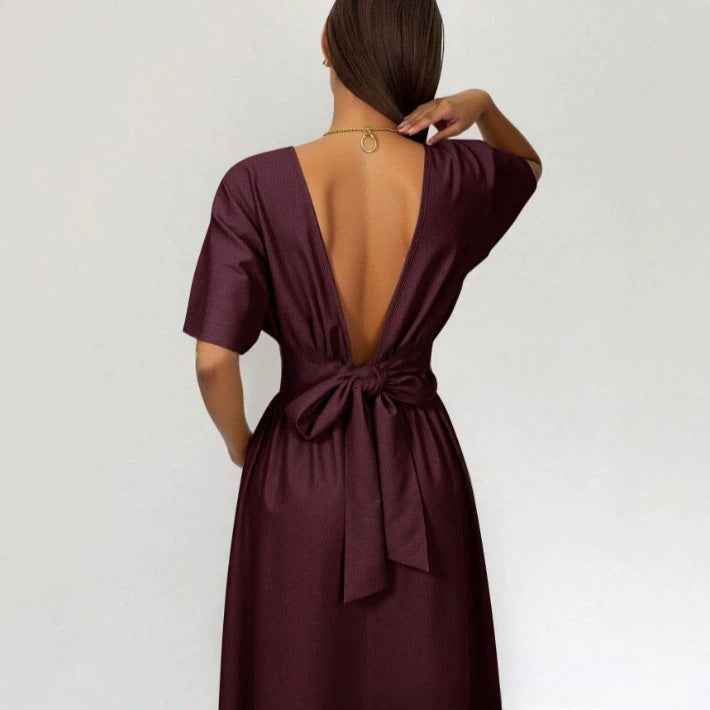 Solid Color Long Dress with V-back, Tie Waist & Flared Hem