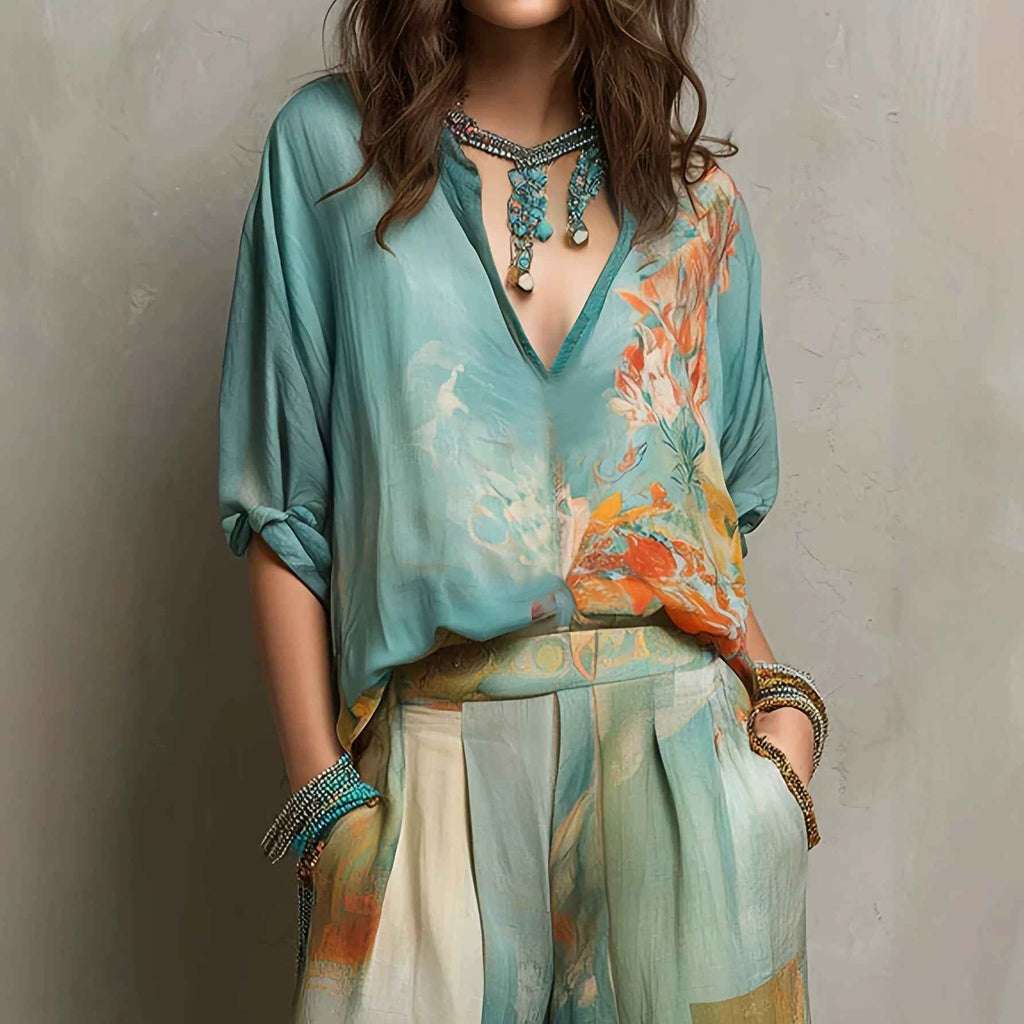 Women's Graffiti Print Drop-Shoulder Top & Wide-Leg Pants Set — Multicolour, S–2XL