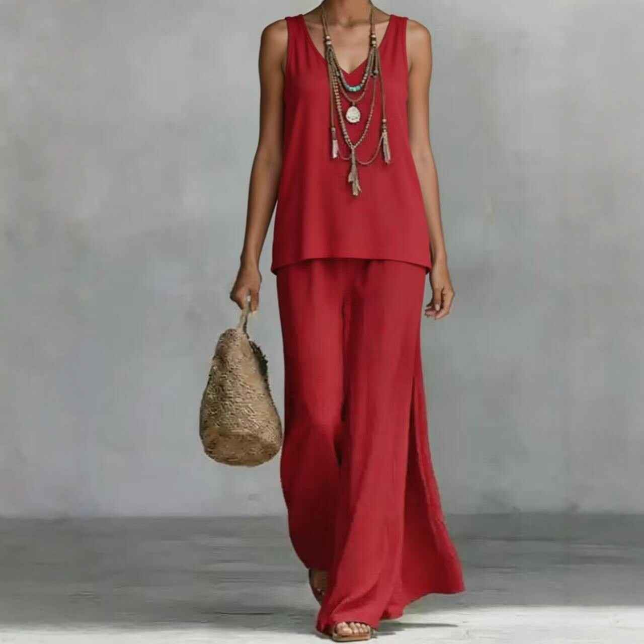 Bohemian V-Neck Vest & Wide-Leg Pants Set