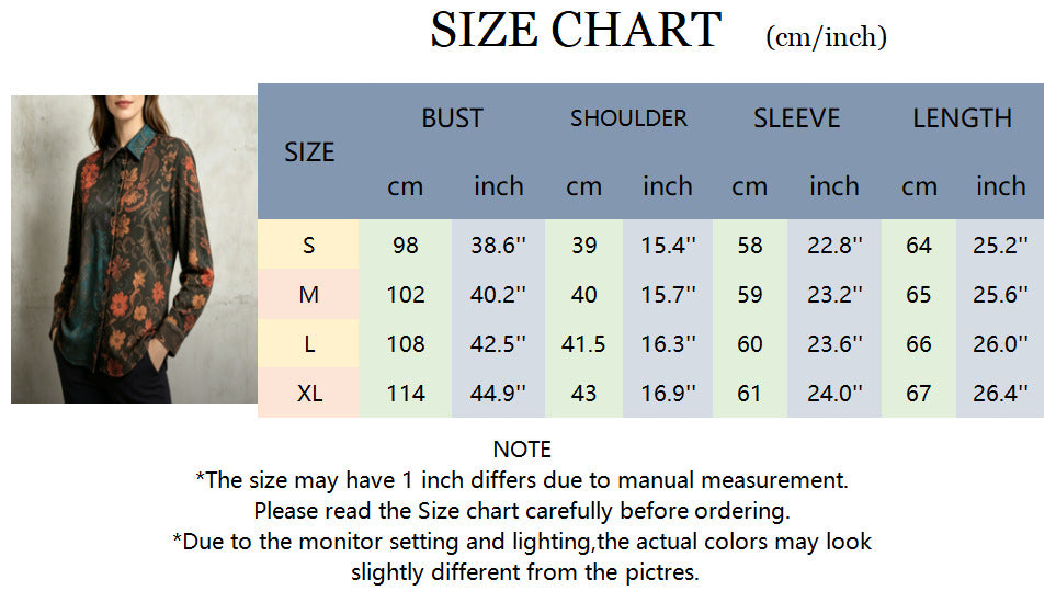 Women's Multicolour Floral Long-Sleeve Collared Shirt - size chart S to XL