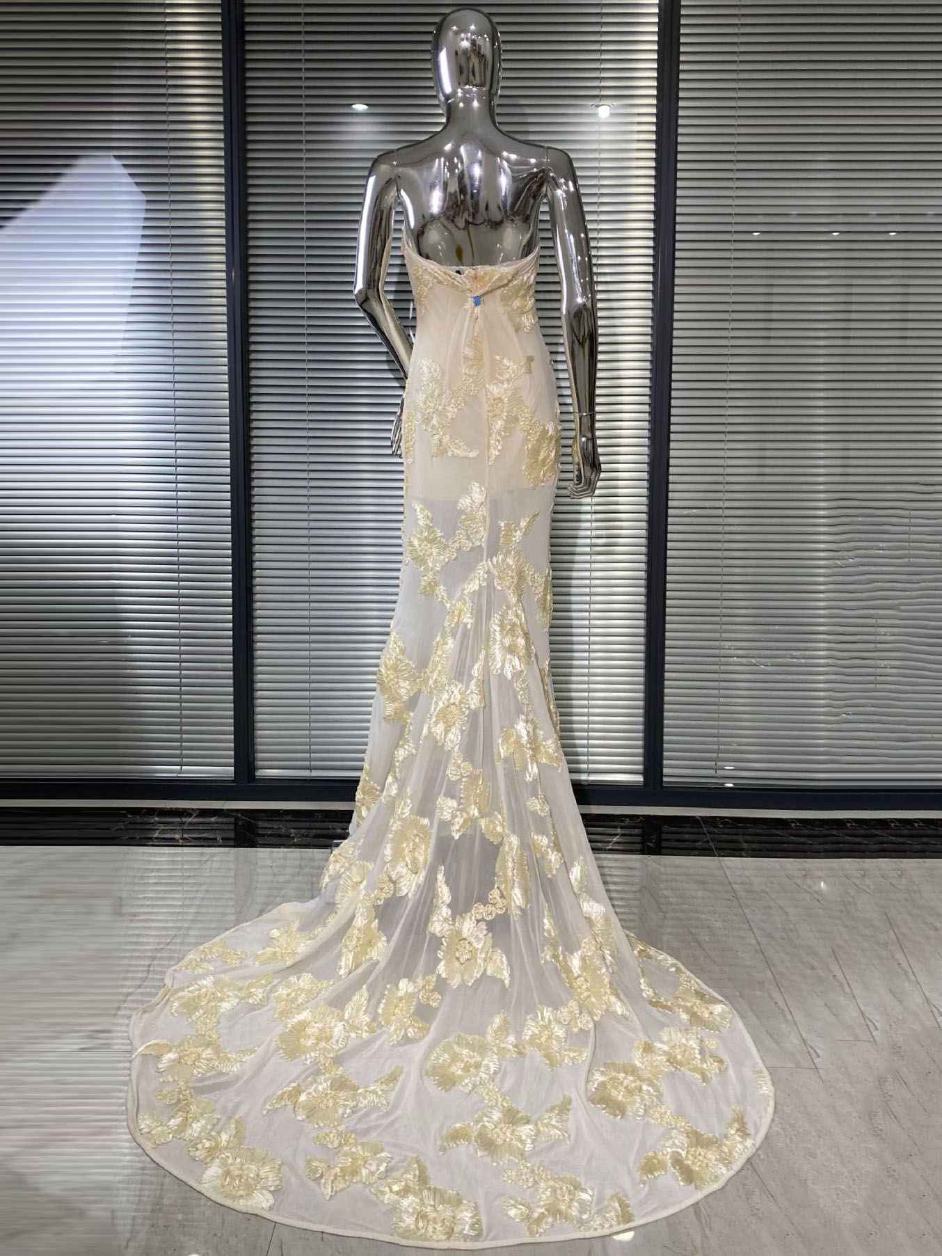Strapless Floral Lace Appliqué Tulle Mermaid Gown with Train