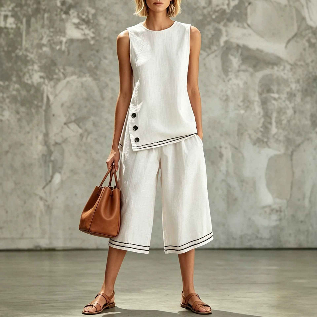 Colour-Block Sleeveless Side-Split Tank Top & Wide-Leg Cropped Pants Two-Piece Set