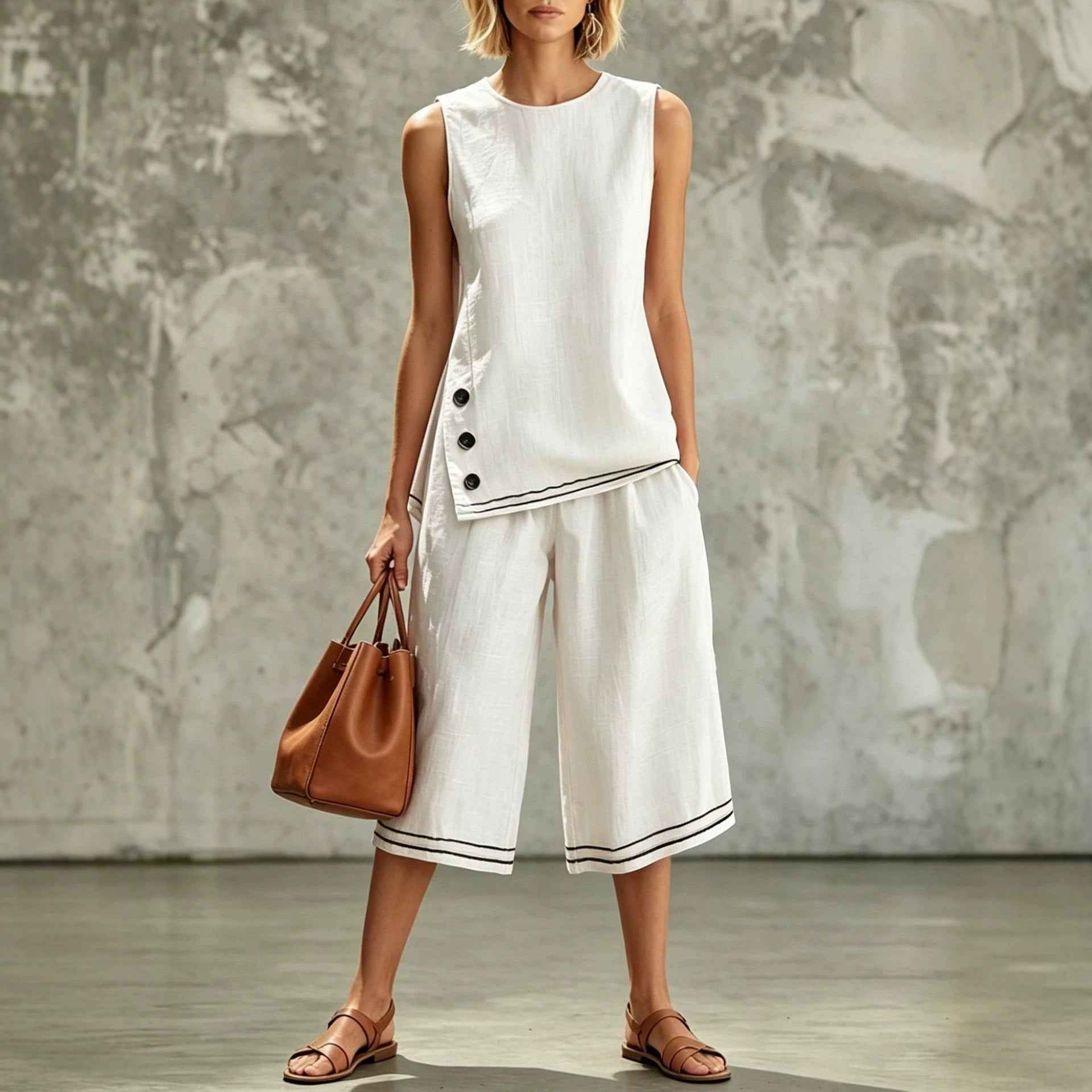 Colour-Block Sleeveless Side-Split Tank Top & Wide-Leg Cropped Pants Two-Piece Set