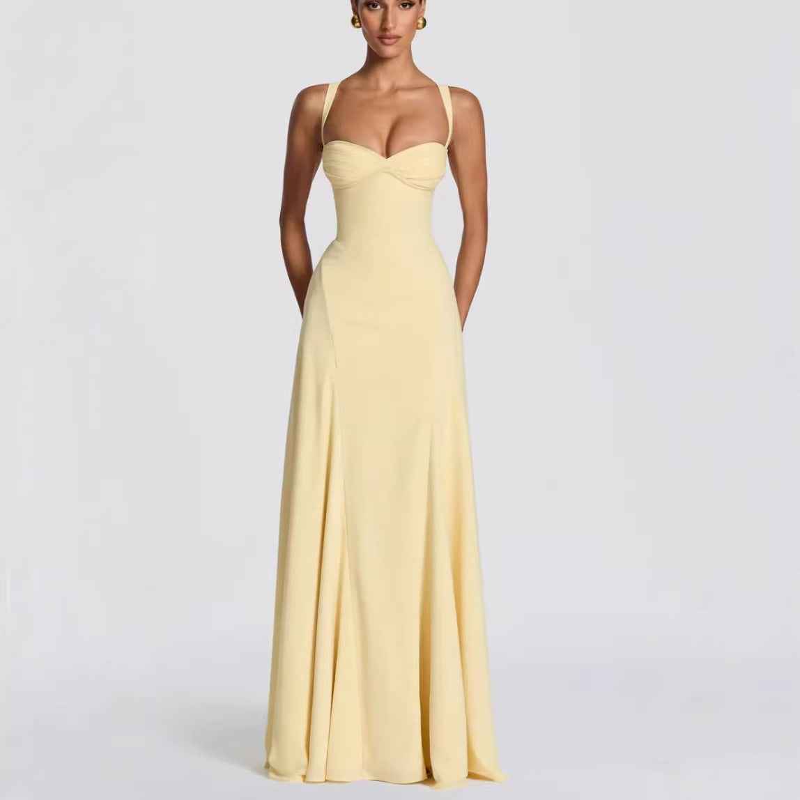Wide-Strap Knotted Waistline Long Dress