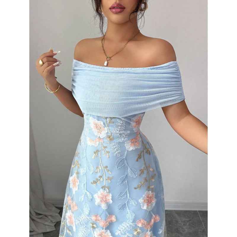 Floral Mesh-Panel High-Waist Pleated Maxi Dress