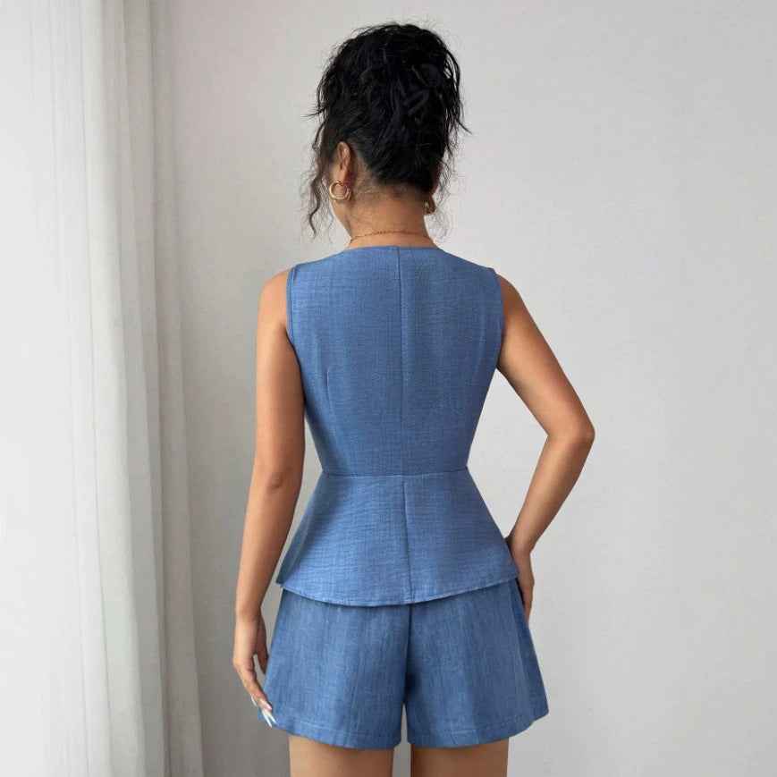 Waist-Cinched Sleeveless Blazer Vest & Shorts Set – Women’s Summer Two-Piece