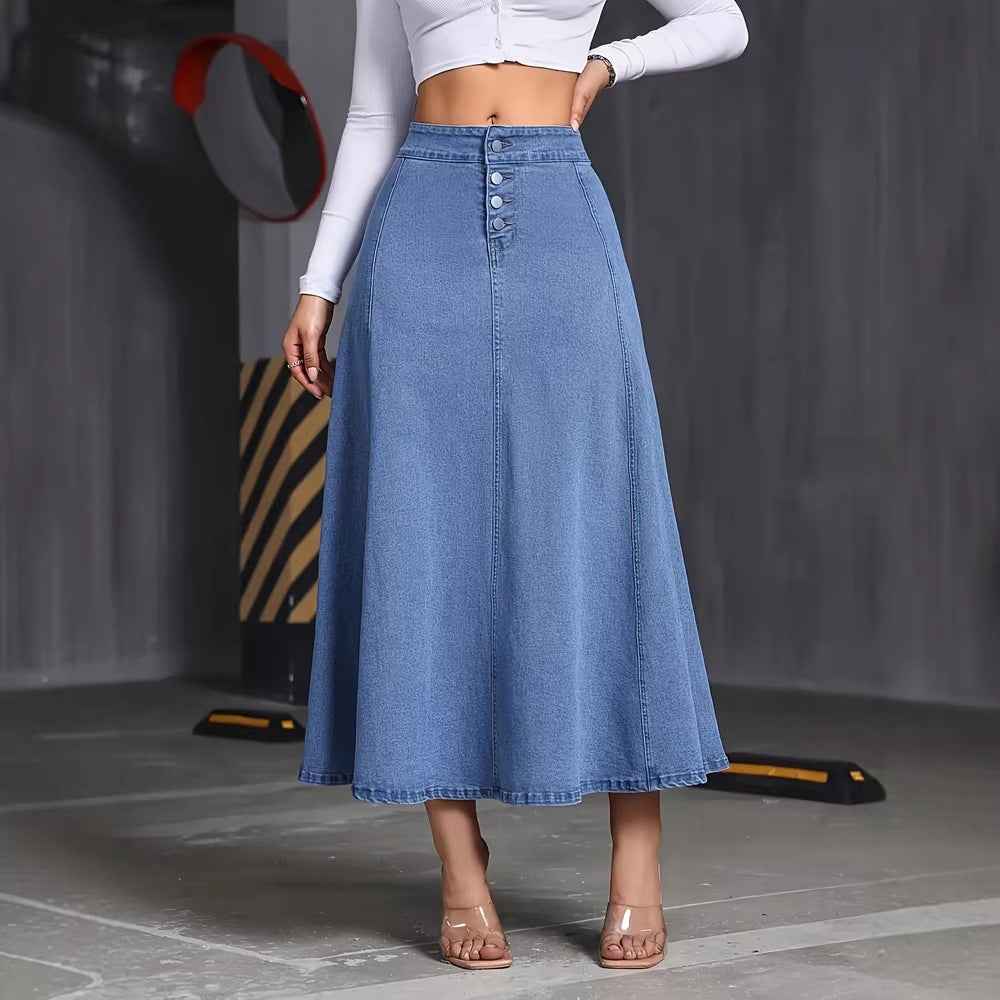 Womens Solid-Color Buttoned Hem Denim Skirt